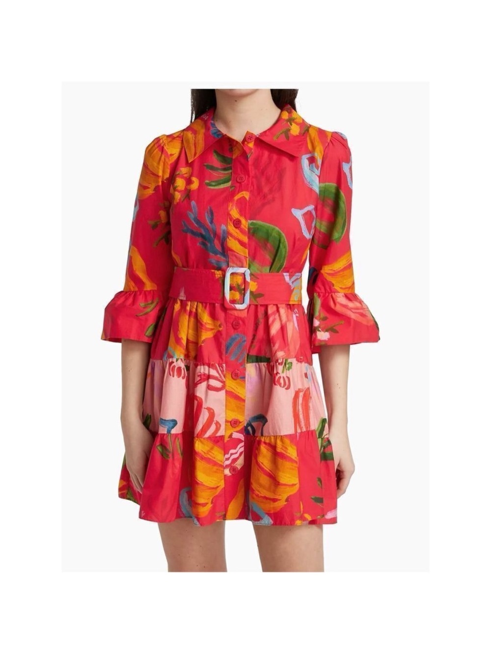 FARM Rio Mixed Fruit Pink Floral Tiered Shirt Dress with Belt